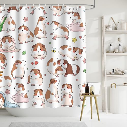APROPHIC Duschvorhang, Meerschweinchen, lustiger Duschvorhang, Meerschweinchen, Set Duschvorhang, wasserdicht, Cartoon, niedlich, 72 x 72 Zoll, Braun, Weiß
