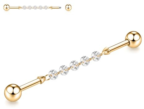 14 g industripiercingsmycke kirurgiskt stål industriell barbell 38 mm lång ställningsstång industriell bar med CZ stenlagd brosk örhänge helix barbell för kvinnor män, Rostfritt stål, Kubisk zirkon