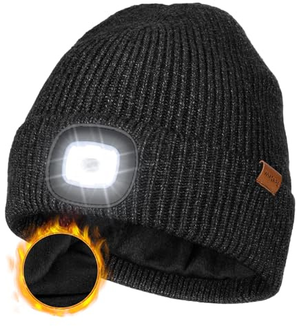 Wmcaps Mütze mit LED Licht, Type-C, wiederaufladbar, warme Futter, Geschenk | Dehnbar-weich, Freihändige Stirnlampe, Wintermütze für Herren, Ideal für Joggen, Hundespaziergänge und nächtliche Arbeiten.