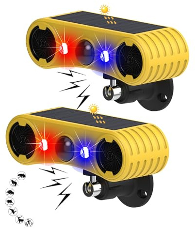 Détecteur de mouvement solaire extérieur 2 x 130 dB sirène ultrasonique haute fréquence avec 4 modes réglables, lumière stroboscopique rouge et bleue, convient pour les maisons, vergers, bâtiments