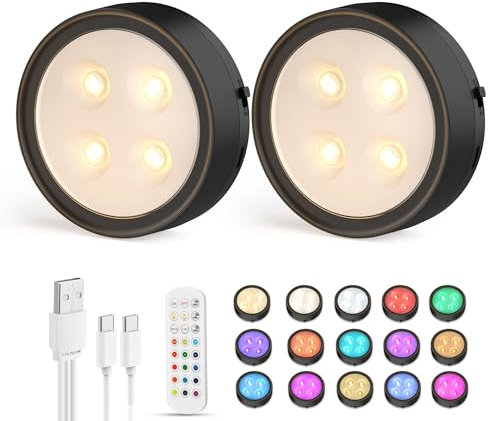 Onumii USB Rechargeable LED Under-Unit Light, Battery Cabinet Lighting with Remote Control, Magnetic Wireless Display Cabinet Lighting, Dimmable for Cupboard, Wardrobe, Kitchen, Bedroom (Pack of 2