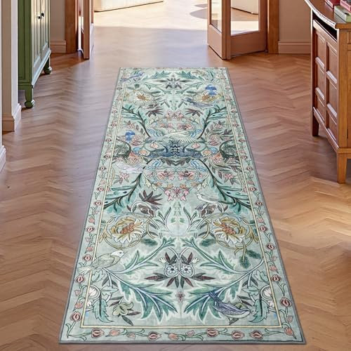 TUKDAK Hallway Runner Rugs Green 60×180cm, Birds Kitchen Carpet Runner with Non-Slip Rubber Backing, Washable Long Hall Carpet Floor Mat for Entryway Bedroom Laundry Living Room Non Shedding