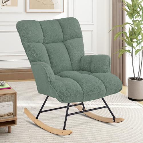 Aunekiv Silla Mecedora de Lactancia y Relax Tapizada de Peluche con Patines de Madera, Silla Balancín Cómoda con Reposabrazos para Salón, Dormitorio y Habitación de Bebé, Verde