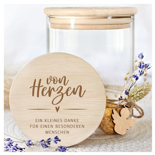 Grandora Vorratsglas Von Herzen Dankeschön Geschenk für Lehrer, Erzieher oder Kollegen Aufbewahrungsglas Jobwechsel Kita Danke Geschenkglas Keksdose mit Deckel XHG1026-7-S