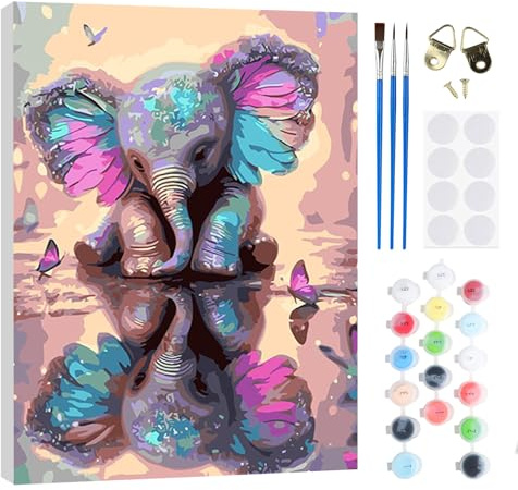 RICUVED Eléphant Coloré Peinture par Numéros DIY Kit 20x30cm pour Adultes Enfants avec Cadre en Bois–Animaux DIY Peinture à l'huile par Numéros sur Toile Artisanat avec Pinceaux Peintures Acryliques