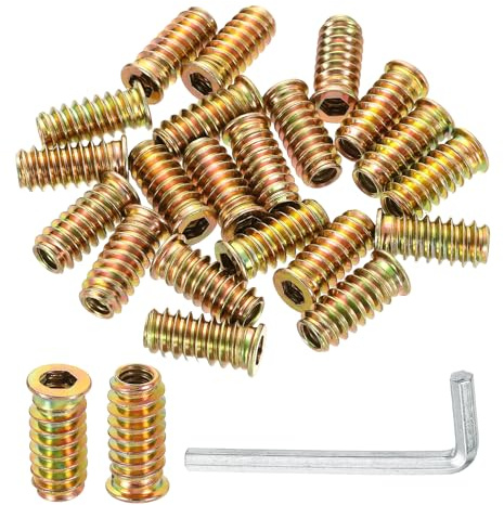 sourcing map 50 Pcs Threaded Insert for Wood, 1/4 - 20 Carbon Steel Threaded Studs Hex Socket Drive Nut Inserts Screw in Nut Fastener Connector with Hex Wrench 25mm Length for Home, Gold