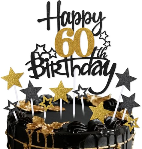 mciskin Black Gold 60th Birthday Cake Topper,60th Birthday Decorations for Men Women,Black and Gold Star Cupcake Toppers,Personalised Cake Toppers for Women Men Birtdhay Party Decorations