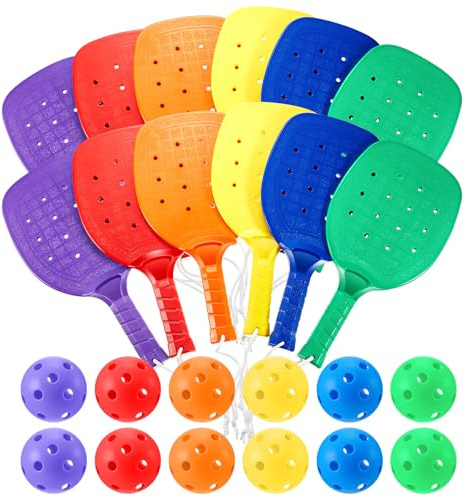 Lunmon 6 Pcs Paddle Rackets with Balls PE Equipment 6 Colors | 15.2 x 7.5 Inches, Elementary School Recess, Physical Education Class, Kids Outdoor play, Plastic Lanyard Included