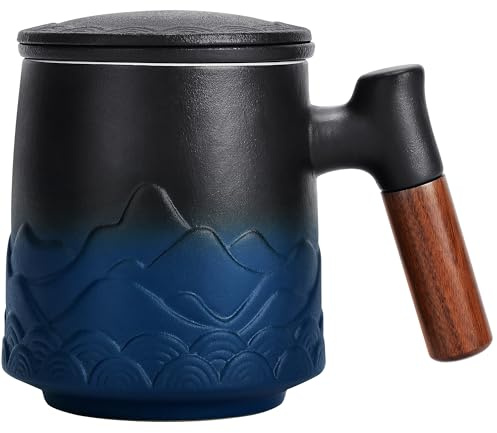 DISDADA Taza de te con Filtro y Tapa Ceramica, Tazas Grande para Infusiones con Asa de Madera para Regalo (Azul)
