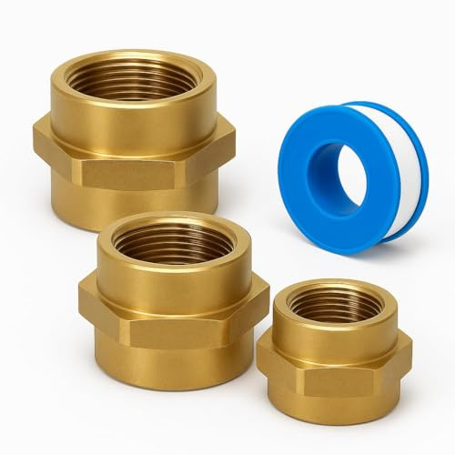 PipeSan Reduziermuffe 3/4 IG auf 1/2 IG – 3er Set + PTFE-Band – Messing CW617N, Sechskant, PN16 – Gewindemuffe G 20/27 zu 15/21 | BSP-G | Sanitär Heizung Druckluft | Reduziermuffe 3/4 1/2