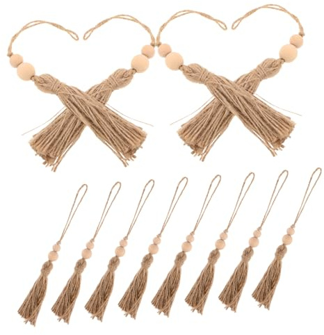 VICASKY 12 Stück Boho Hängeanhänger und Juteseil mit Rustikaler Quaste und 2 Holzperlen für Schlafzimmer und Weihnachtsbaumdeko