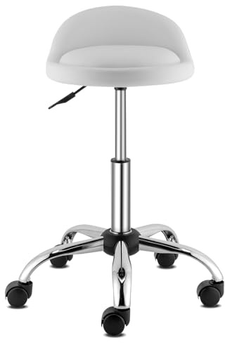 Bonnlo Round Rolling Stool with Wheels - Height Adjustable Swivel Stool with Low Backrest - for Salon Massage Home Kitchen Clinic, Weight Capacity 400lbs (White)
