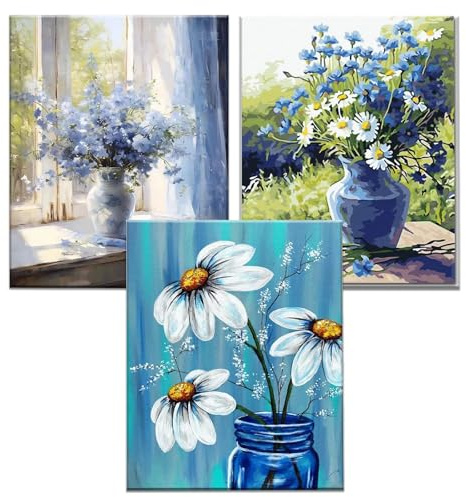 JATOK Malen nach Zahlen Erwachsene, 3er-Set, Blumen, 40 x 50 cm | 3 komplette Malsets mit vorgedruckten Leinwänden, Acrylfarben und Pinseln; 3 kreative Projekte für Anfänger Ohne Rahmen