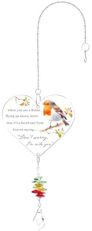 Heart Shaped Pendant Robin Gifts, Bereavement Gifts Memorial Gift, Suncatcher Memorial Plaques Remembrance Gift for Loss Can Put Room Living Room, to Give to Lost Mom Dad Grandma Grandpa's Friends