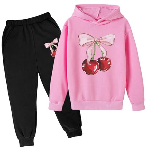 SoLu DAY8 Clothing Set Kids Girls Age 3-14 Years Bow Cherry Tracksuit Sets for Teens Girls Hooded Sweatshirt and Jogger Sweatpants Winter Cute Stretchy Comfy School Casual Sports (11-12 Years, Pink)