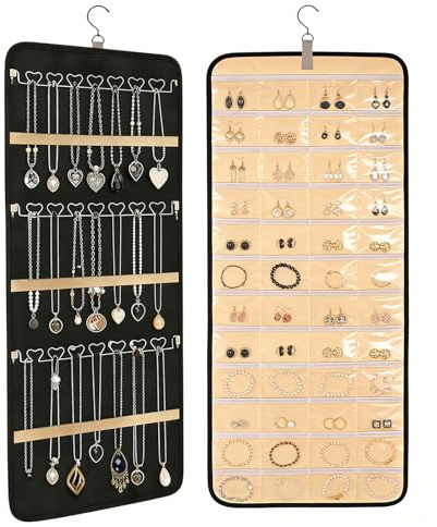 MJFENDAI Schmuck Organizer Hängend, Schmuckaufbewahrung mit Aufhänger, Doppelseitige Schmuckhalter für Ohrringe Ringe Halsketten an Schrank, Tür, Wand, 1 Stück