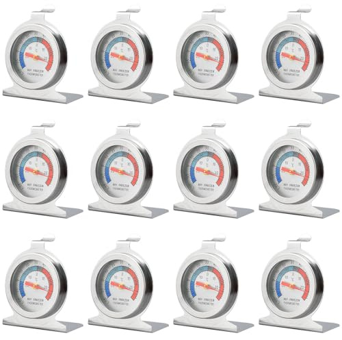 Lot de 12 Thermomètres pour Réfrigérateur et Congélateur - Grand Cadran Analogique avec Zones Colorées - Capteur de Température Précis en Acier Inoxydable - Avec Crochet et Support pour Frigo, Freezer