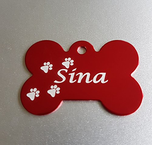 2 Stück Hundemarken Knochen Adressanhänger aus Aluminium, mit beidseitiger Gravur (Rot) 40 x 27mm