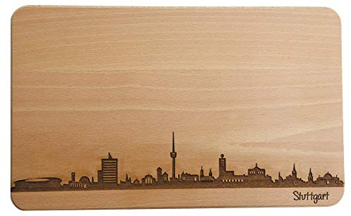 Brotzeitbrett Stuttgart Skyline | Frühstücksbrettchen aus Buche | Holz Schneidbrett | Geschenk mit Gravur | Frühstücksbrett | Baden-Württemberg (Standard (22x14x1cm), 1. ohne persönlicher Gravur)