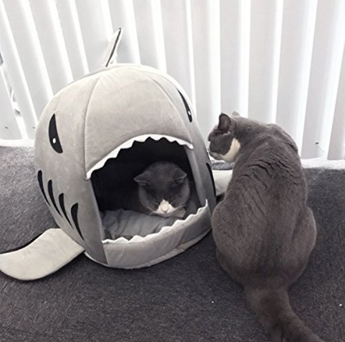 BADASS SHARKS Hai-Motive Katzenbett mit Kissen Hundehaus Haustier Schlafsack für drinnen Waschbar Haus & Sofa 42cm/50cm (grau)