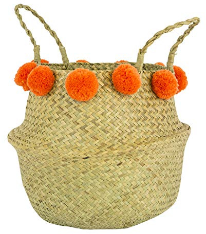 Vaukura - Cesta de Almacenaje - Cesta de Junco Trenzado Natural con Pompones Naranjas