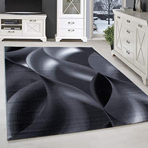 SIMPEX Teppich 160x230 cm Schwarz Kurzflor Abstrakt Wellen Design Moderner Teppich für Wohnzimmer Schlafzimmer Flur Küche Esszimmer Kinderzimmer Pflegeleicht Weich