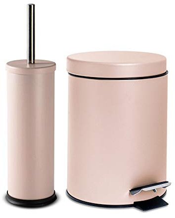 Harbour Housewares 3L Bathroom Bin & Brush Set - Matte Pink - 2pc Round Stainless Steel Pedal Bin & Toilet Brush Set Slim Small Trashcan for Kitchen Waste, Bathroom Rubbish