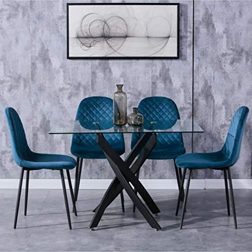 GOLDFAN Glas Esstisch Set 4 Stühle Rechteckiger Esstisch und Rückenlehne Esszimmerstuhl für Küche Wohnzimmer Büro, Blau