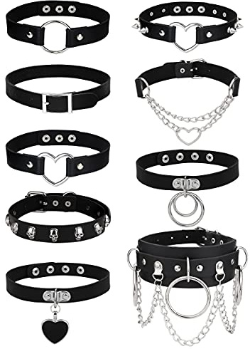 JeweBella 9Pcs gargantilla Collar Gotico Cuero para Mujer Punk Cadena Clavícula Pu Cuero Negro Choker Pinchos Sexis Cinturón Rock Corazón Amor Ajustable Cosplayer