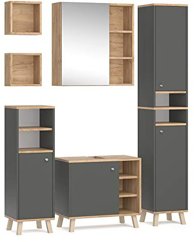 Vicco Badmöbel-Set Senyo, Anthrazit, 62 cm | besteht aus Spiegelschrank, Waschbeckenunterschrank, Hochschrank, Midischrank und 2x Wandregal