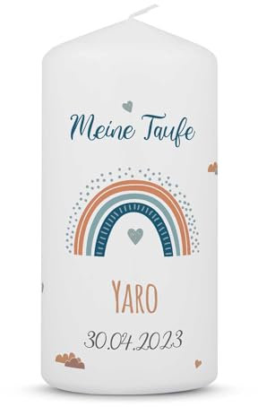 GRAVURZEILE Bedruckte Kleine Kerze - Taufkerze Regenbogen - Personalisiert mit Name Datum & Wunschtext - brilliant bedruckte Kerze - Geschenk für Mädchen & Jungen zur Taufe - Farbe: Blau