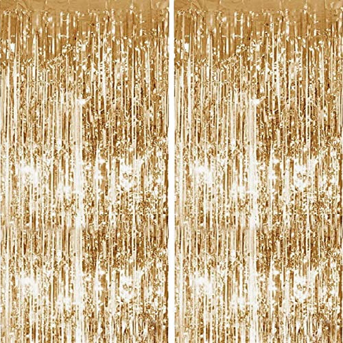 2pcs 3.2ft x 6.5ft Foil Curtain Decorations,Champagne Gold Tinsel Foil Fringe Curtains Streamers Backdrop for Birthday Graduation Wedding Engagement Bridal Shower Bachelorette Holiday Party Decoration