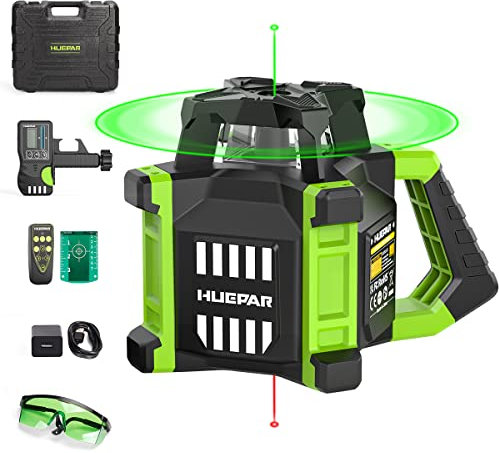 Huepar 800M Rotary Laser Level Green Electronic + Plumb Points, Self-Leveling Rotary Lazer Horizontal/Vertical Rotary Laser Kit with Goggles, Receiver, Target Plate, Remote Control, Li-ion Battery