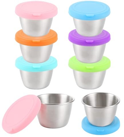 8 Stück Dressing Behälter 70ml Mini Dosen mit Deckel Bento Box Zubehör mit Silikon Deckel BPA-frei Edelstahl Salatdressing Wiederverwendbare Auslaufsichere Saucenbehälter für Brotdose, Picknick
