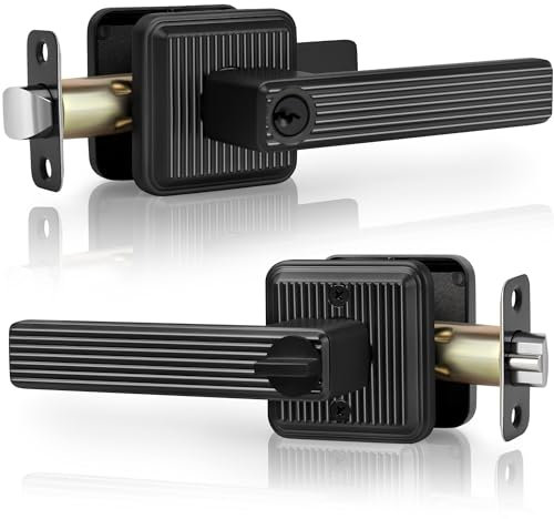 Gaurqiah Square Heavy Duty Door Handle with Keys, Stripe Style Keyed Entry Door Lever with Lock, Reversible Door Handle for Front & Entrance Door, Matte Black Finish