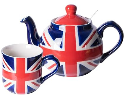 London Pottery Teekanne mit Teesieb, Keramik, handbemalt, Union Jack, limitierte Auflage, 2 Tassen (600 ml); Tasse, 250 ml, inklusive einer Teekanne und Tasse