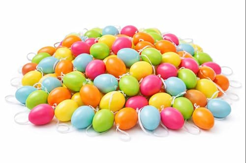 KAMACA 96er Set Bunte Ostereier aus Kunststoff zum Aufhängen – Ø 4 cm – Wetterfeste Osterdeko für Außen & Innen – Kunststoffeier zum Bemalen & Basteln – Deko für Osterstrauch & Garten