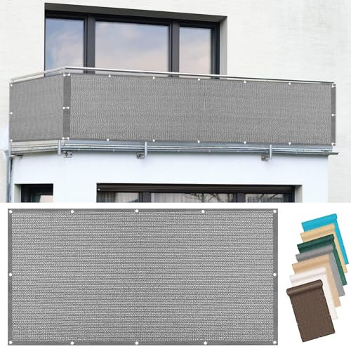Balkon Sichtschutz Ohne Bohren 140 x 250 cm HDPE Atmungsaktiv Balkonsichtschutz Balkonverkleidung mit Ösen Kabelbinder Und Kordel für Garten Balkon Terrasse, Grau