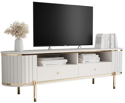 MEBLE KRYSPOL - New York - TV Möbel - Unterschrank - TV-Halterung - Aufbewahrungsmöbel für Wohnzimmer - Moderne Unterschränke - Industrielle TV-Möbel - 50,5x181x40 cm - Weiß, Gold