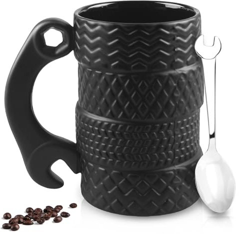 WIYETY Tazza per pneumatici grande in ceramica, 500 ml, in ceramica creativa con cucchiaio, tazza 3D, tazza da caffè, tazza regalo per casa, ufficio, auto, regalo – nero