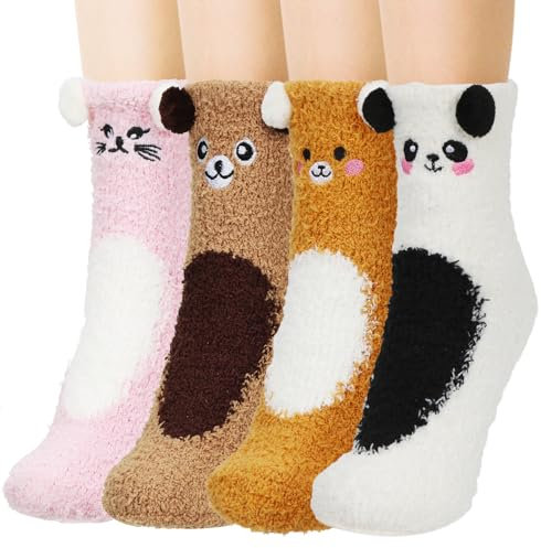 Calze Termiche Donna, 4 Paia Invernali Animale, Simpatiche Calzini Pelosi, Natalizie, Calde per Regali Natale Compleanno