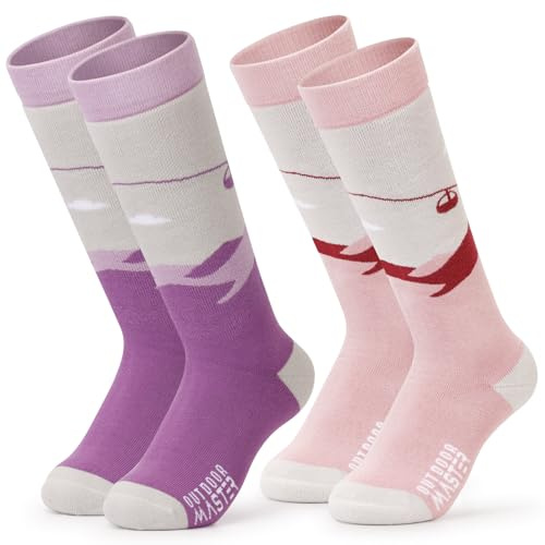 OutdoorMaster Calzini da sci per bambini, con design a polpaccio, caldi, per snowboard, per ragazzi e ragazze, A -Rosa Grigio+Viola, 23-29