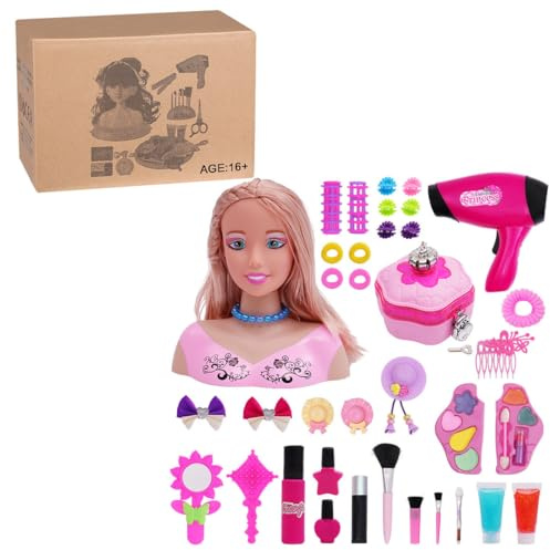 ToyGhillied Testina per trucco, per bambini, 39 pezzi, testa della bambola con accessori per capelli, asciugacapelli, trucco, per acconciatura, bionda per bambini, ragazze