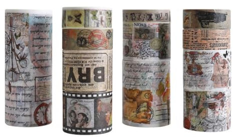 iSpchen Washi Tapes - Juego de 12 rollos de cinta adhesiva retro para periódicos, cinta adhesiva colorida, cinta adhesiva decorativa de colores, para manualidades, álbumes de recortes, papel de regalo