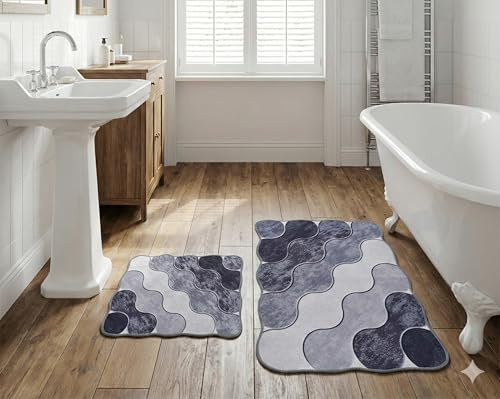 miqna Grau 2-teiliges rutschfestes Badezimmer-Fußmatten-Set | Waschbar & Schnell-trocknend | Anti-Rutsch Badteppich Set für Dusche & Bad | Weich & Saugstark (Circle Grau, 60 x 100 cm - 50 x 60 cm)