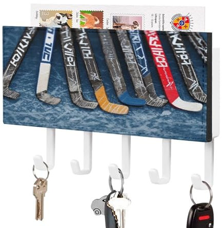 LHOKDR Schlüsselhalter mit Eishockey-Aufdruck, Wandhalterung, Schlüsselhalter, 5 Schlüsselhaken für Wand, Flur, Eingang, kleiner Schlüsselanhänger-Organizer