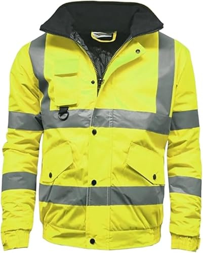 ANZEE Mens Hi Vis Bomber Jacket - High Visibility Waterproof Safety Security Workwear Reflective Tape Two Tone Warm Winter Zipper Pockets UK S-3XL