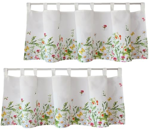 Scheiben-Gardinen 2er Set mit Schlaufen als blickdichter Vorhang in 120 x 45 cm - Landhaus-Stil Bistrogardinen bunte Frühling Blumen - Moderne Kurzstore Küchen-Gardinen Wohnzimmer Wohnwagen