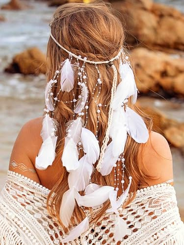 Fashband Boho Feder-Stirnband, Indianische Quaste, Hippie-Tribal-Kopfschmuck, Festival-Kostüm, Haarschmuck für Damen (Weiß, Einheitsgröße)