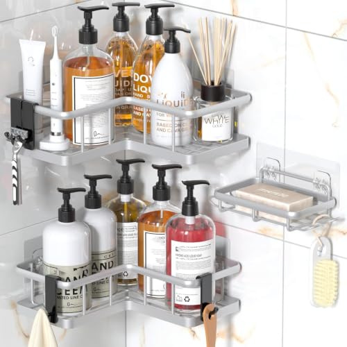 YASONIC Duschablage Ecke, Duschablage ohne Bohren Badezimmer Organizer, verdicktes Duschregal ohne Bohren mit großer Kapazität, Shampoo Halterung für Dusche mit 4 abnehmbaren Haken 3 Stück, Silber
